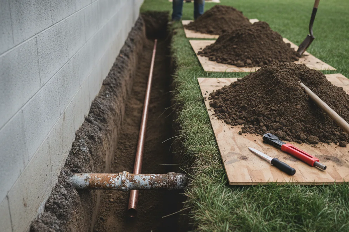 Excavated water line trench during Water Heater Repair in Chapman Ranch